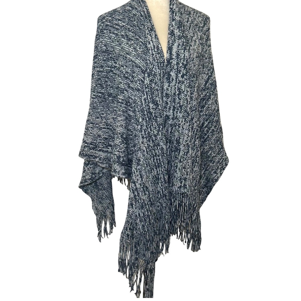 World Market Womens Navy Blue White Marled Knit Fringe Poncho Wrap One Size